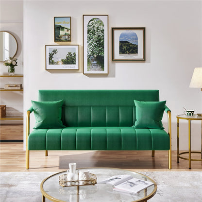 Costoffs Velvet Fabric Sofa Couch, 56.5″ W Modern Loveseat Couch with Gold-tone Metal Arms, Legs & 2 Pillows, Sofa for Living Room, Bedroom Furniture, Pink\u002FGreen\u002FGray
