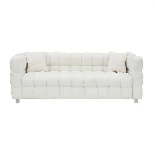 Modern White Plush Teddy Sofa - 80 Inches, Minimalist Design with Two Throw Pillows & Heavy-Duty Hardware Support, Perfect for Living Room or Bedroom, Available in 5 Colors, Comfy Couch
