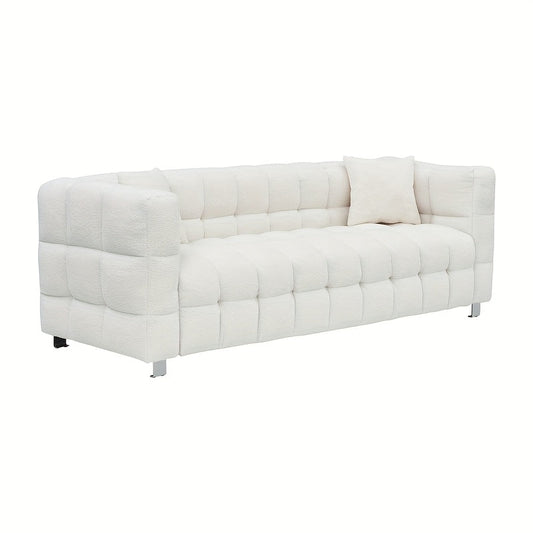 Modern White Plush Teddy Sofa - 80 Inches, Minimalist Design with Two Throw Pillows & Heavy-Duty Hardware Support, Perfect for Living Room or Bedroom, Available in 5 Colors, Comfy Couch