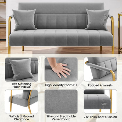 Costoffs Velvet Fabric Sofa Couch, 56.5″ W Modern Loveseat Couch with Gold-tone Metal Arms, Legs & 2 Pillows, Sofa for Living Room, Bedroom Furniture, Pink\u002FGreen\u002FGray