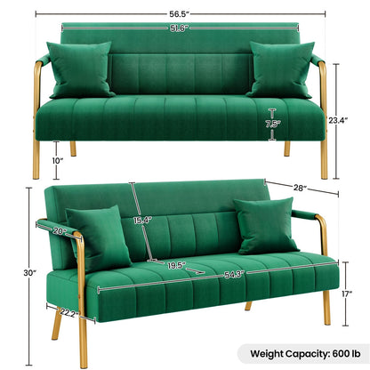 Costoffs Velvet Fabric Sofa Couch, 56.5″ W Modern Loveseat Couch with Gold-tone Metal Arms, Legs & 2 Pillows, Sofa for Living Room, Bedroom Furniture, Pink\u002FGreen\u002FGray