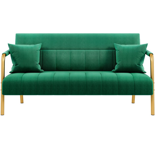 Costoffs Velvet Fabric Sofa Couch, 56.5″ W Modern Loveseat Couch with Gold-tone Metal Arms, Legs & 2 Pillows, Sofa for Living Room, Bedroom Furniture, Pink\u002FGreen\u002FGray